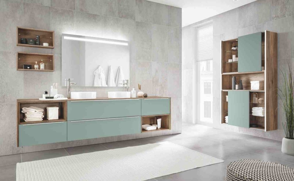nobilia Badmöbel Touch in Holz-Optik und mit Lacklaminat Fronten Aqua supermatt; Foto: nobilia