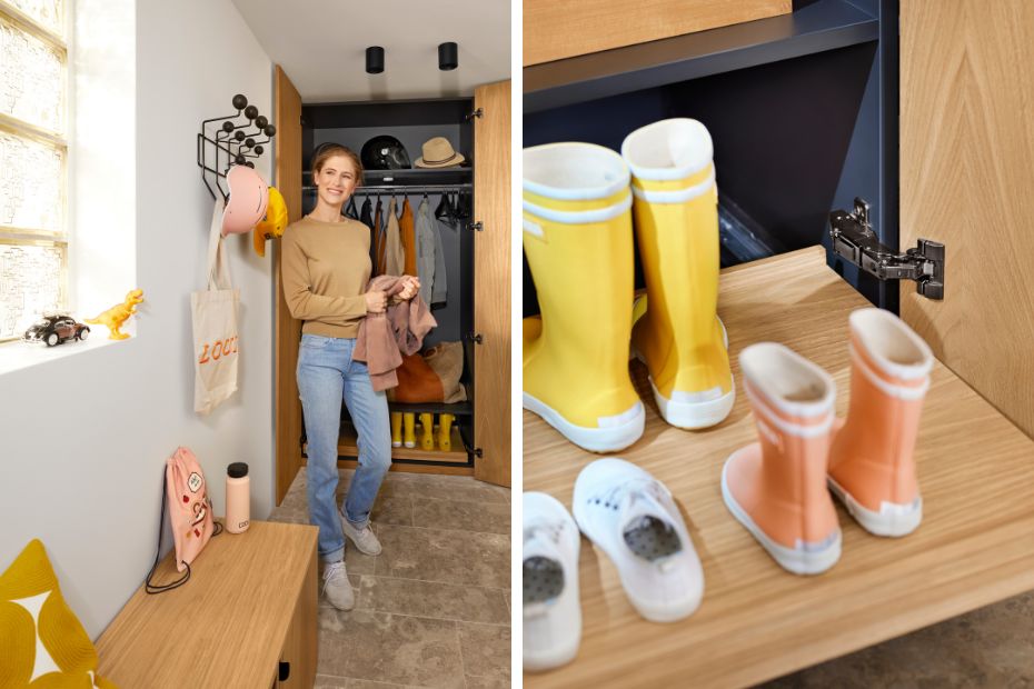 Die gängigsten Scharniertypen sind in Onyxschwarz erhältlich und können auch in der Garderobe und Möbeln in jedem anderen Wohnbereich verbaut werden. Foto: Julius Blum GmbH